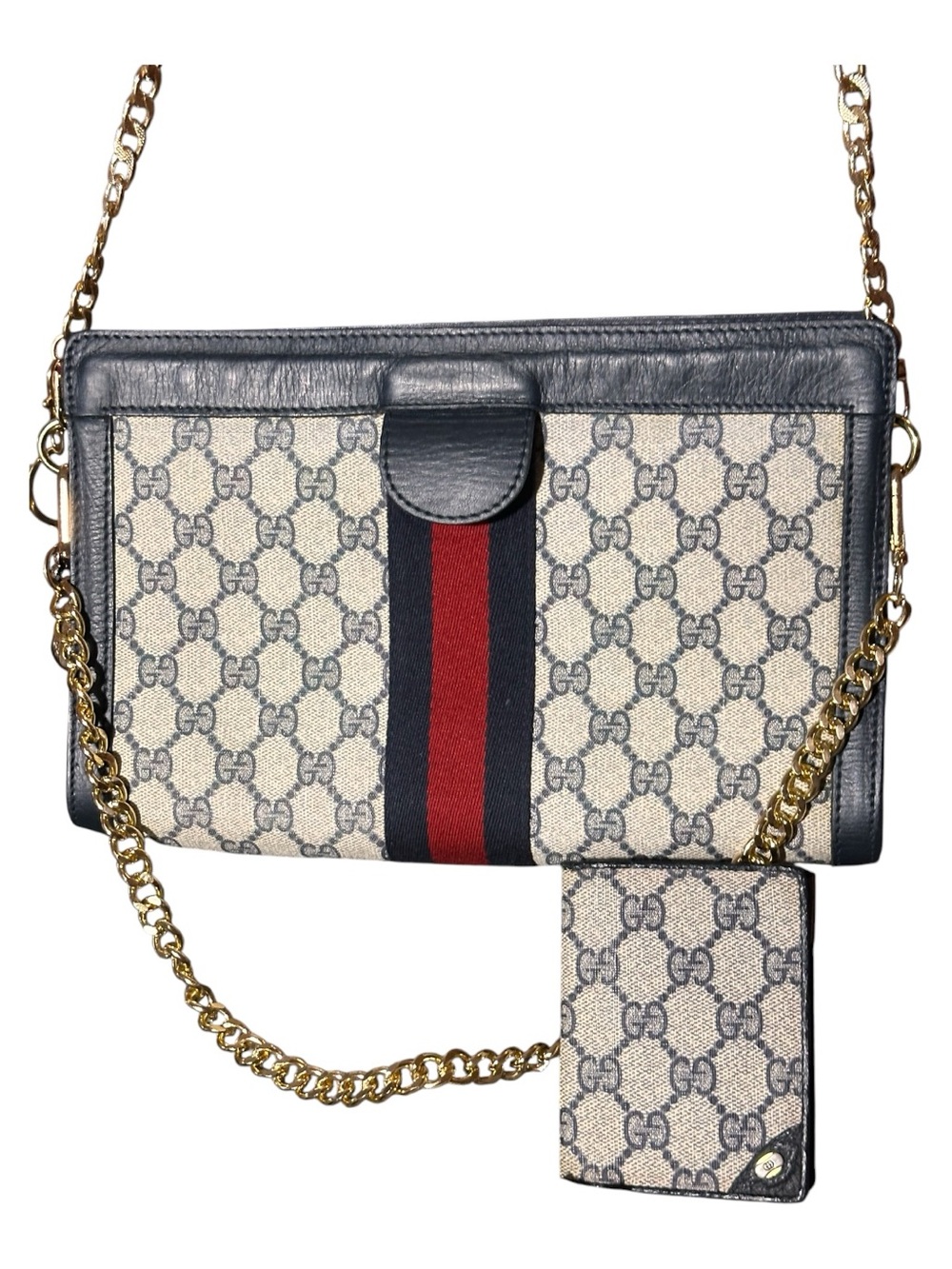 Gucci Navy GG converted Canvas Leather Clutch Bag with Web Stripe & Card Holder